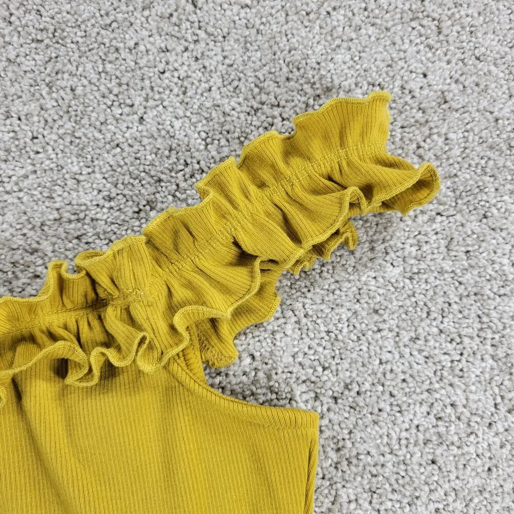Illa Illa Babydoll Top Womens Medium Yellow Ribbed Knit Tank Top Ruffle Strap - Image 6