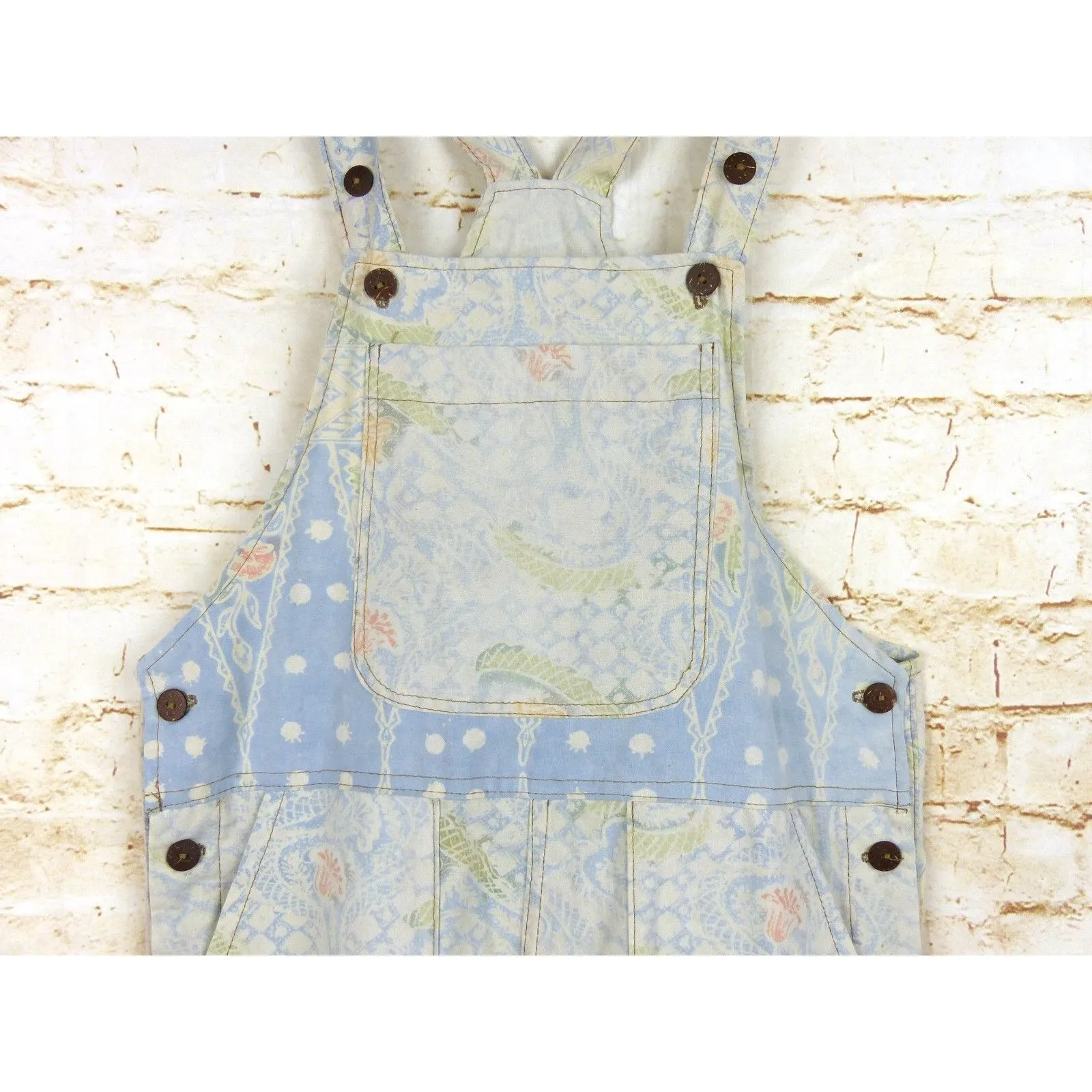 Boho Printed Shortall Women XS Ivory Blue Floral Paisley Bali Batik Home Cottage - Image 5