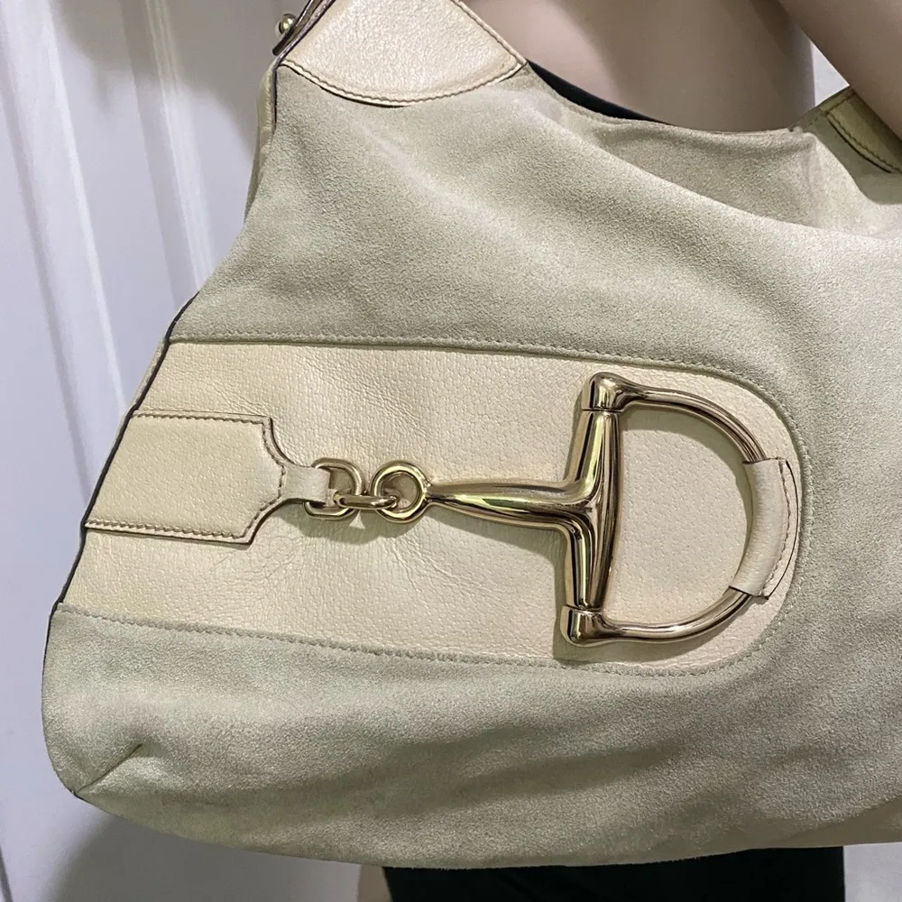 Vintage Authentic  Hasler Horsebit Suede Pale Green/Beige Large Hobo Bag - Image 2