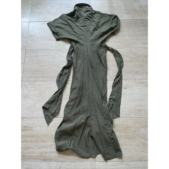 Mable‎ Button Down Rushed collared Green brunch Long Dress W Belt Size Small - Image 4