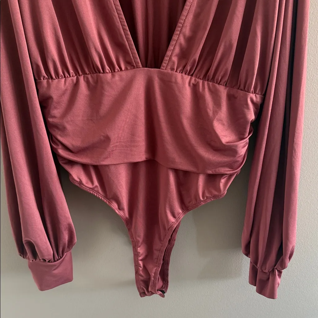 SHEIN Deep Marsala V-Neck Long Sleeve Thong Bodysuit - Image 2