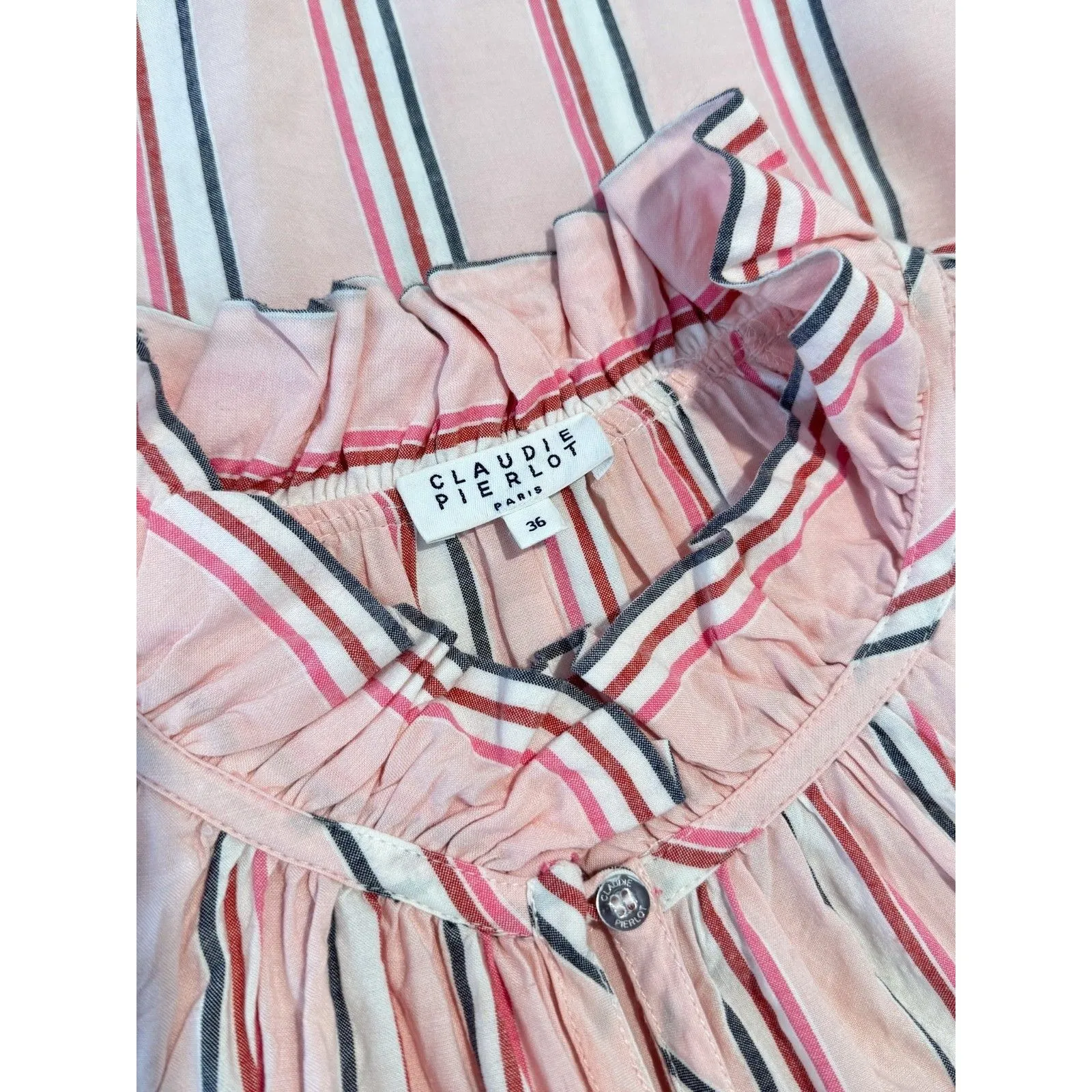 CLAUDIE PIERLOT Womens Top Pink Ruffle Pinstriped Long Sleeve Blouse 40 US Large - Image 2