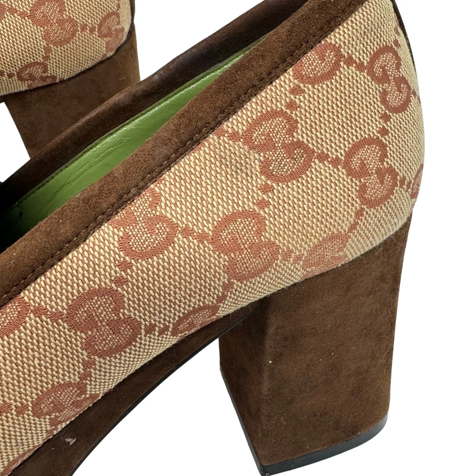 Gucci Houdan Platform Loafer Heels Brown GG Canvas Suede Horsebit EU 36 - Image 9