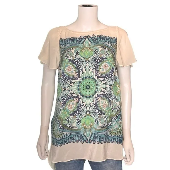 Anthropologie Maeve Silk Floral Tunic Top Size S Boho Chic Flutter Sleeve Blouse - Image 2