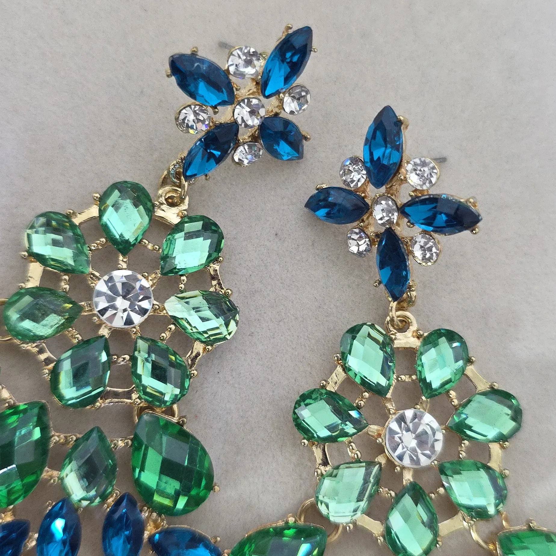 Large Statement Earrings Gold and Teal Blue with Green Chandalier - Image 3