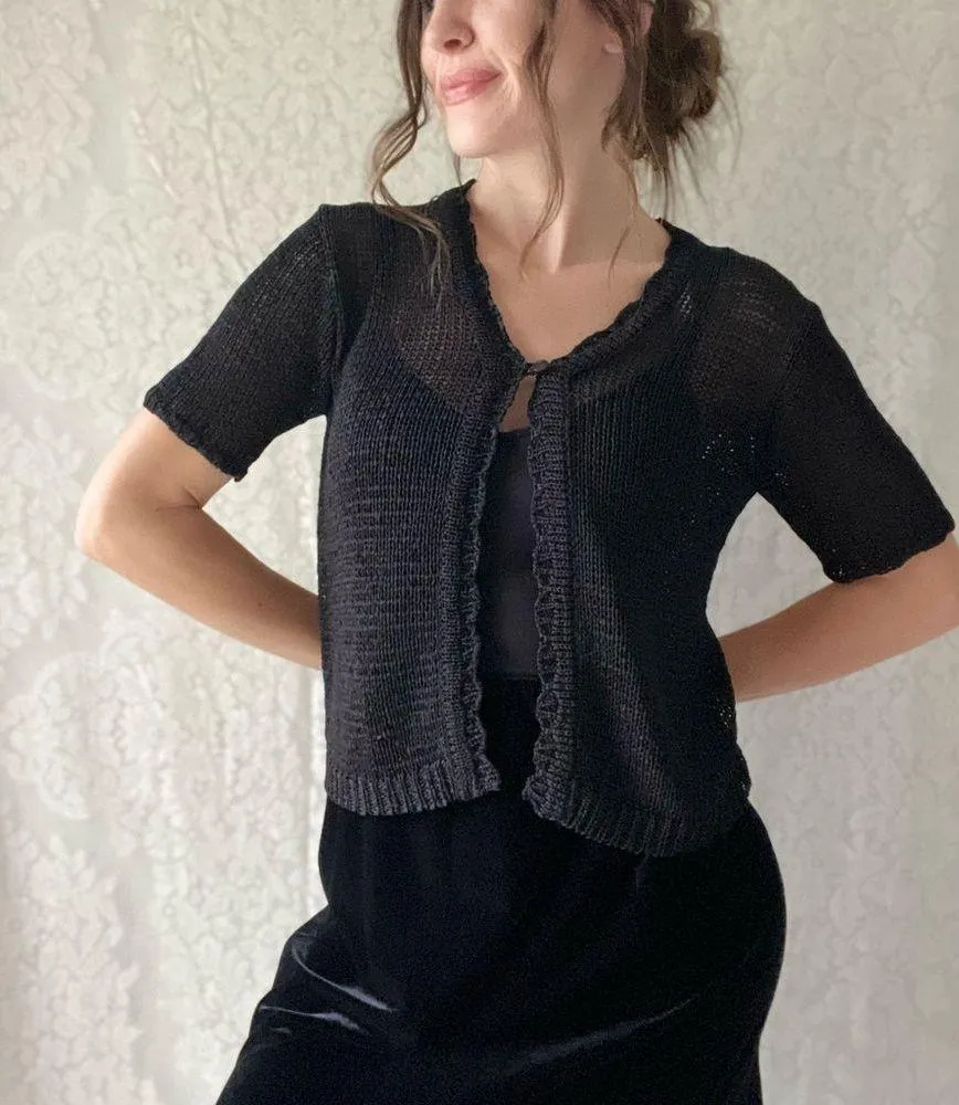 Vintage 90s Crochet Black Sag Harbor Petites Short Sleeve Single Button Cardigan Size XS - Image 2