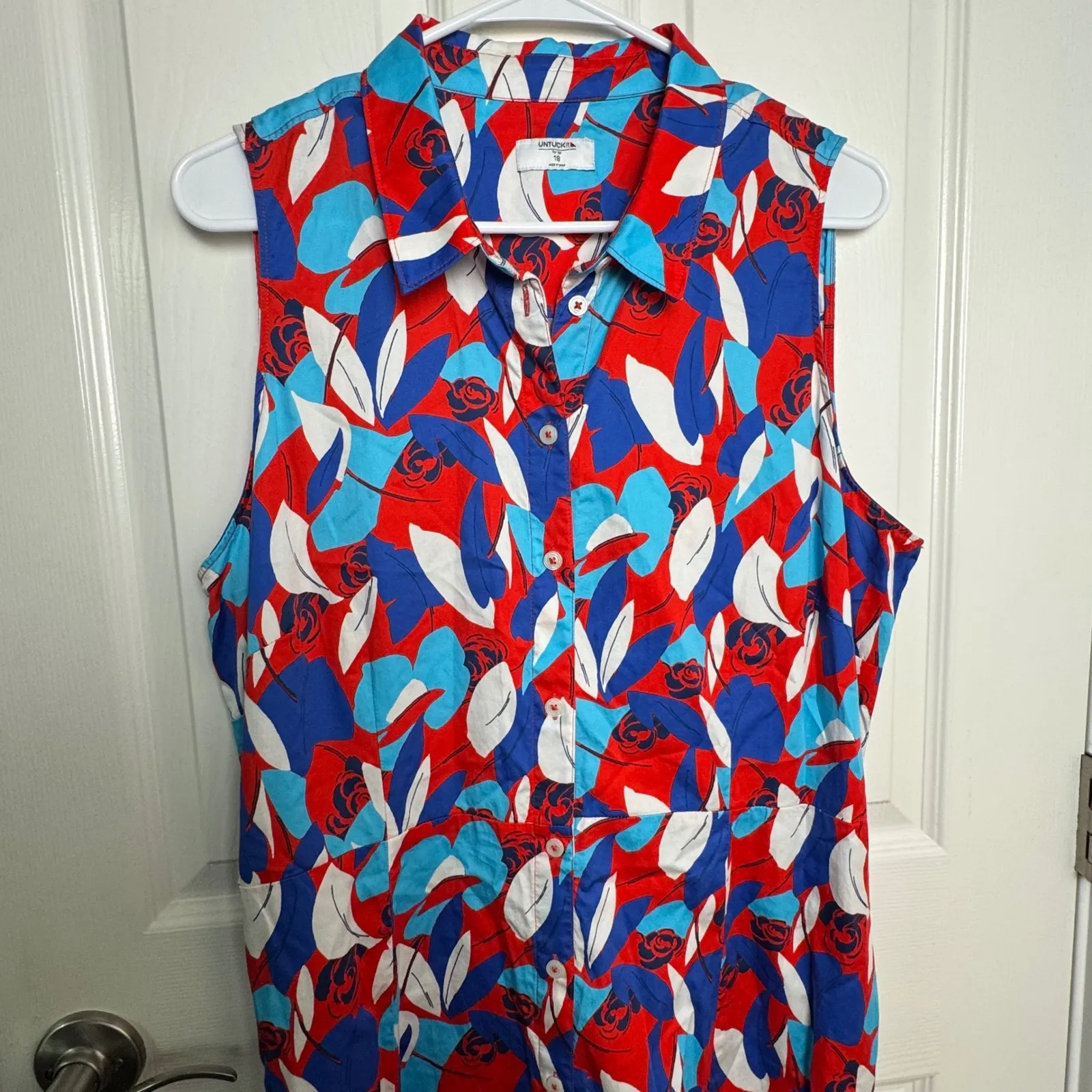 UNTUCKit Women 18 Red Blue White Floral Faye Sleeveless Button Down Shirt Dress - Image 5