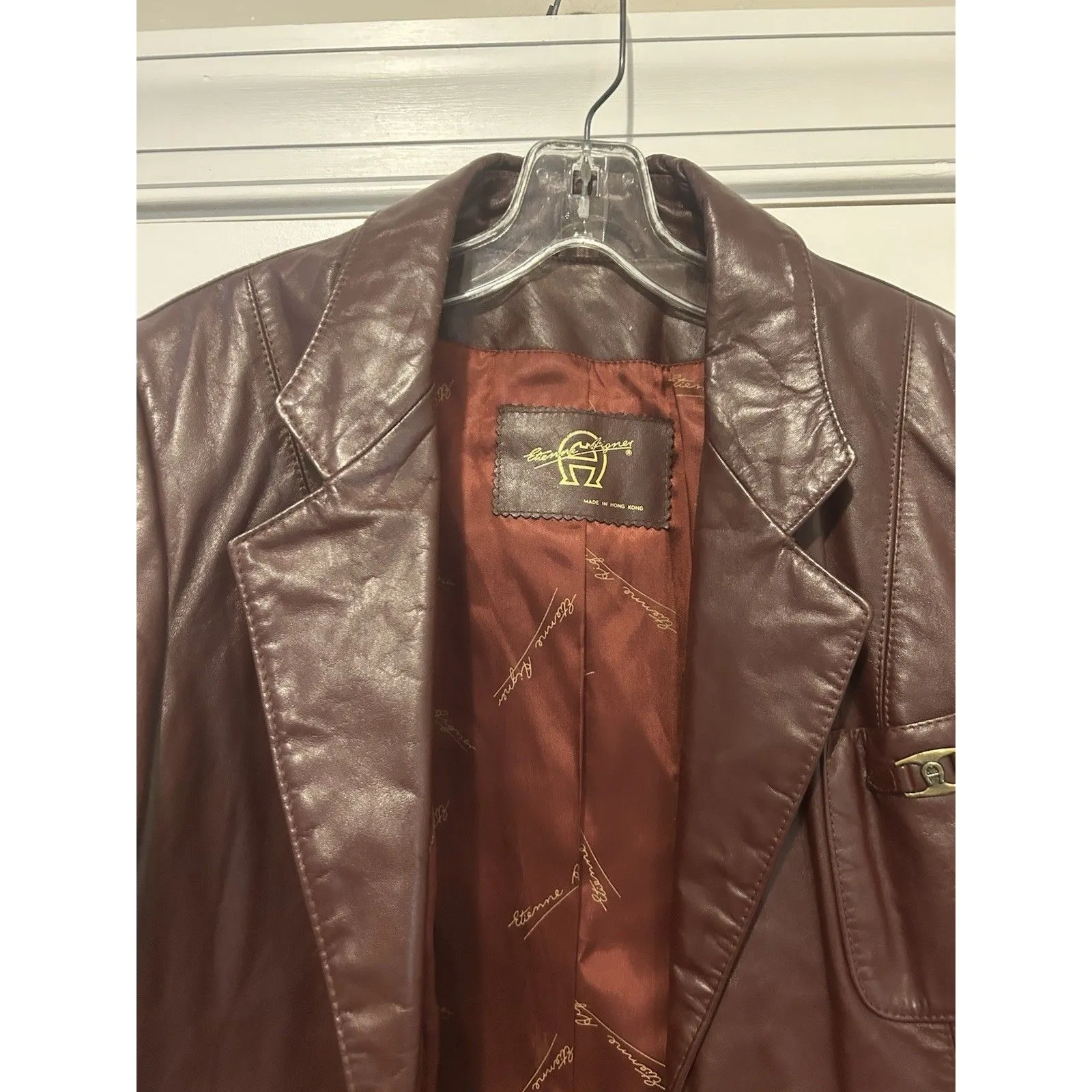 Vintage Etienne Aigner Women 16 Large Dark Red Leather Blazer Jacket Trench Coat - Image 5