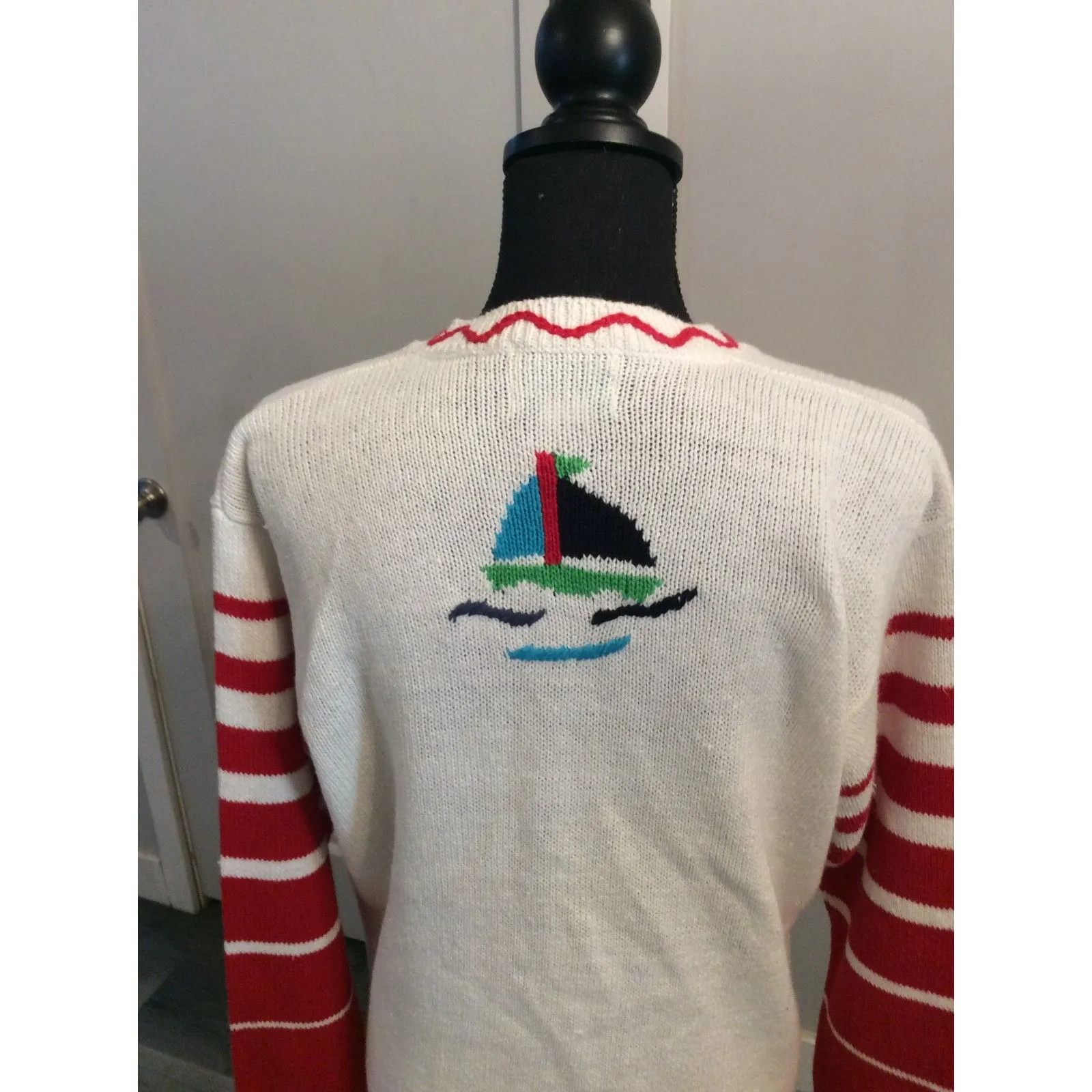 Vintage Quacker Factory Small Nautical Sailboat anchor beach sun cloud Cardigan - Image 3