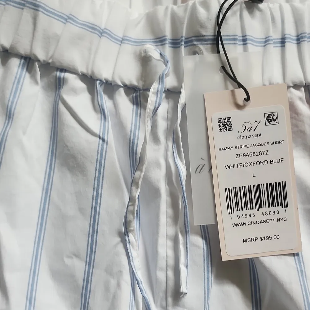 Cinq a Sept Sammy Striped Jacques Shorts in White and Blue Size L - Image 5