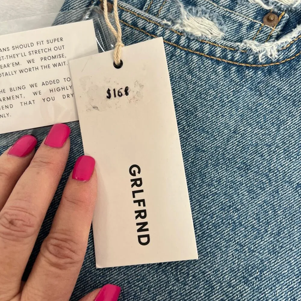 GRLFRND Jourdan Button Fly Cut Off Denim Shorts Blue Distressed Size 25 Y2K NWT - Image 3