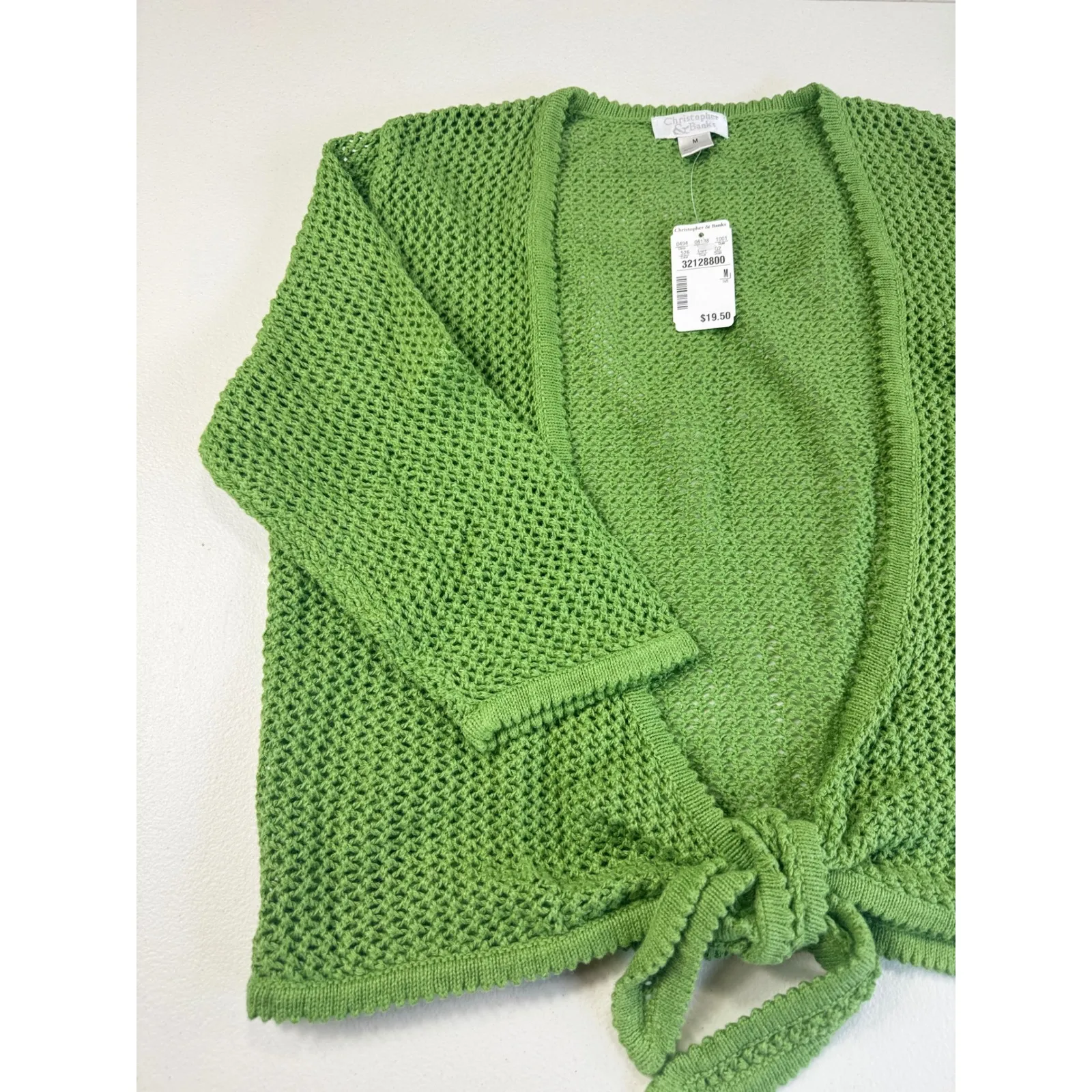 Christopher & Banks Tie Front Cardigan Knit Open Weave Green Womens M crochet - Image 2