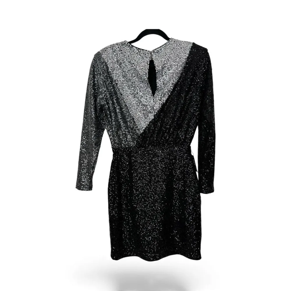 Express Sequin Sparkle Long Sleeve Mini Dress Black Silver NYE 80s 90s Y2K Small - Image 2