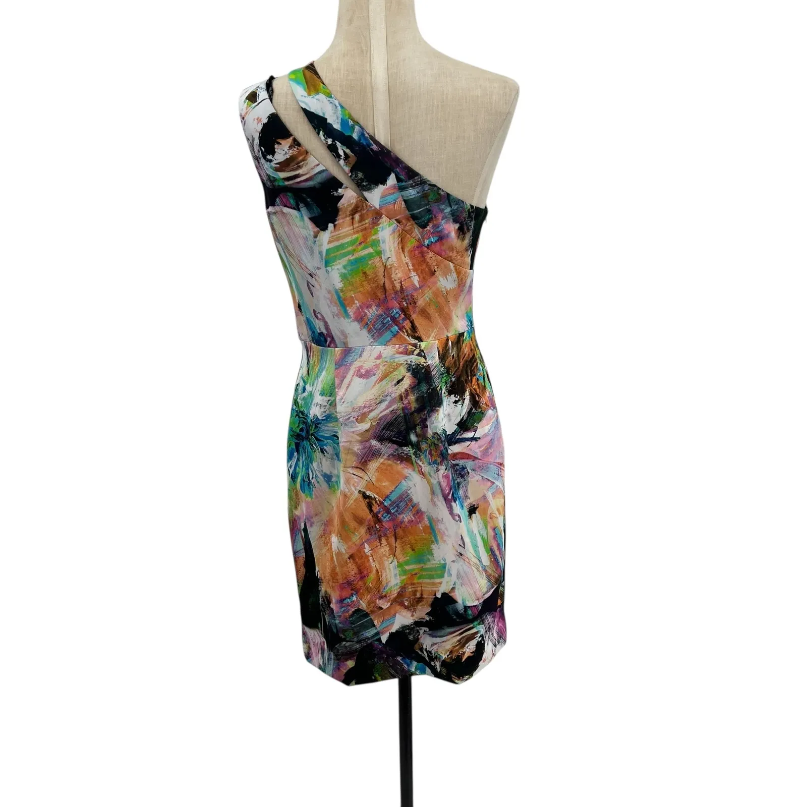 Black Halo Yara Cocktail Dress One Shoulder Colorful‎ Abstract Print Size 4 - Image 11