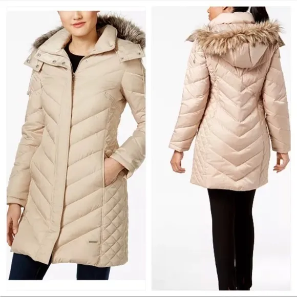 Kenneth Cole  • Tan Quilted Faux Fur Trim Hooded Down Puffer Coat - Image 19