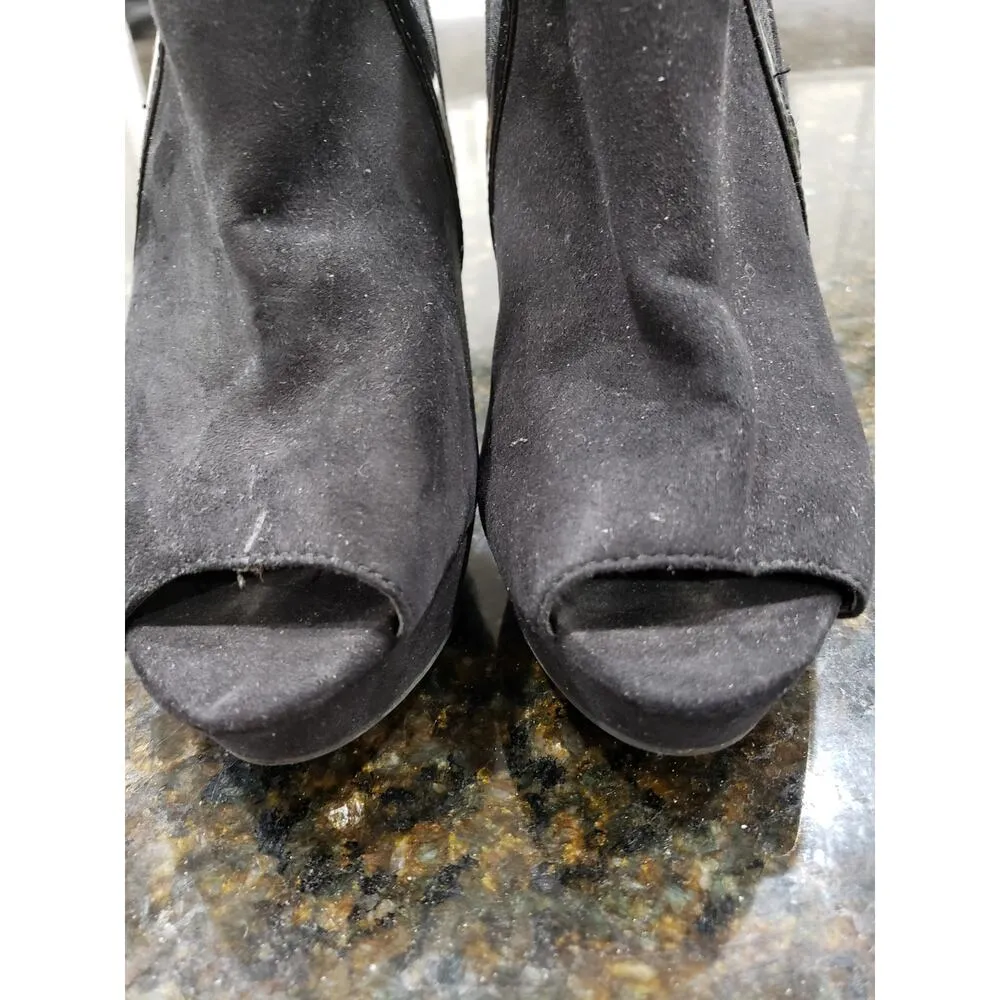 Fergalicious Booties Womens Size 7.5 Black Suede Peep Toe Stiletto Heel Back Zip - Image 8