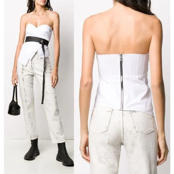 R+A Sweetheart Neck Asymmetric Side Button Strapless Bustier Top White Women XS - Image 2