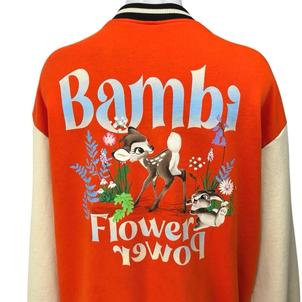 H&M Disney Bambi Flower Power Orange Button Up Varsity Letterman Bomber Jacket M - Image 4