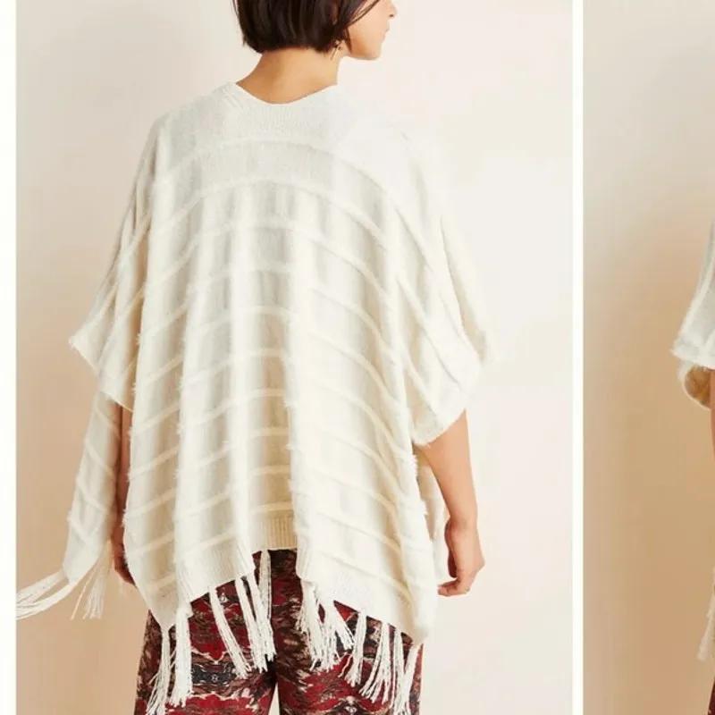 Anthropologie Akemi + Kin Miette Chenille Cozy Kimono Fringe Trim Ecru Free Size - Image 3