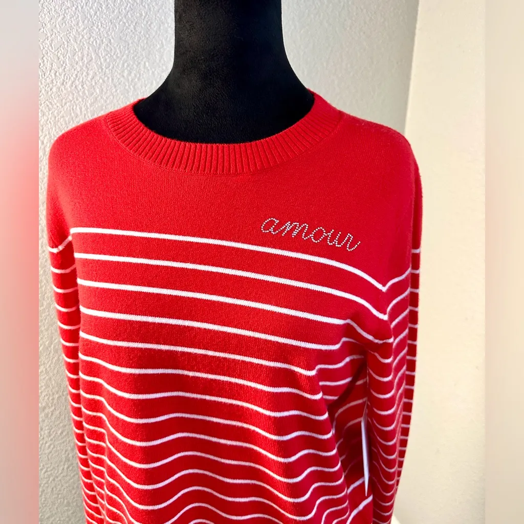 Red Striped Sweater with 'Amour' Embroidery Size M - Image 2