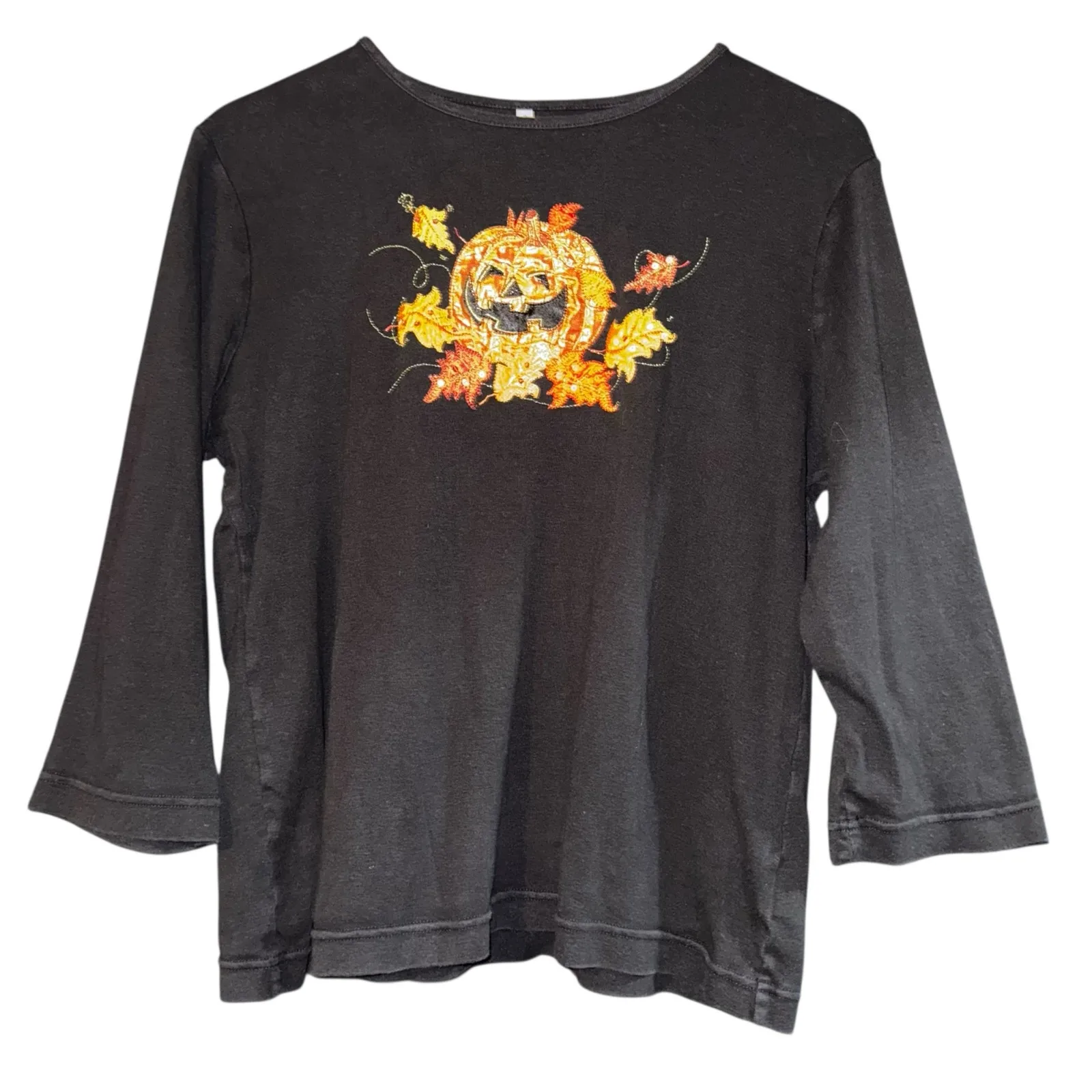 White Stag Embroidered Pumpkin Jack o Lantern Top Large Halloween Fall Leaves - Image 1