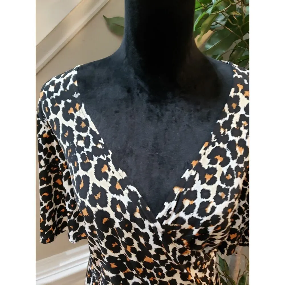 Donna Morgan Womens White Leopard Print Short Sleeve Knee Length Wrap Dress 18W - Image 6