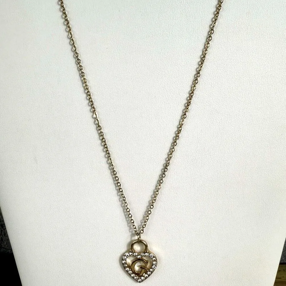 Guess Gold Tone Rhinestone Heart Lock Logo G Letter Necklace 19-21" Adjustable - Image 2