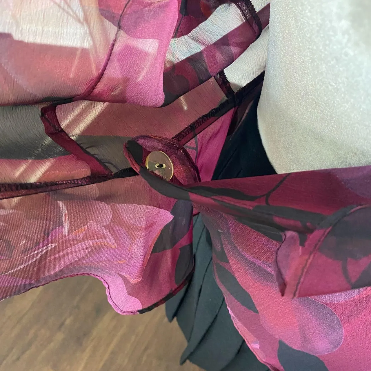 Vintage Whimsygoth Frilly Ruffle Rose Sheer Purple Black Mesh Wrap Top Blouse L Size 12P - Image 6