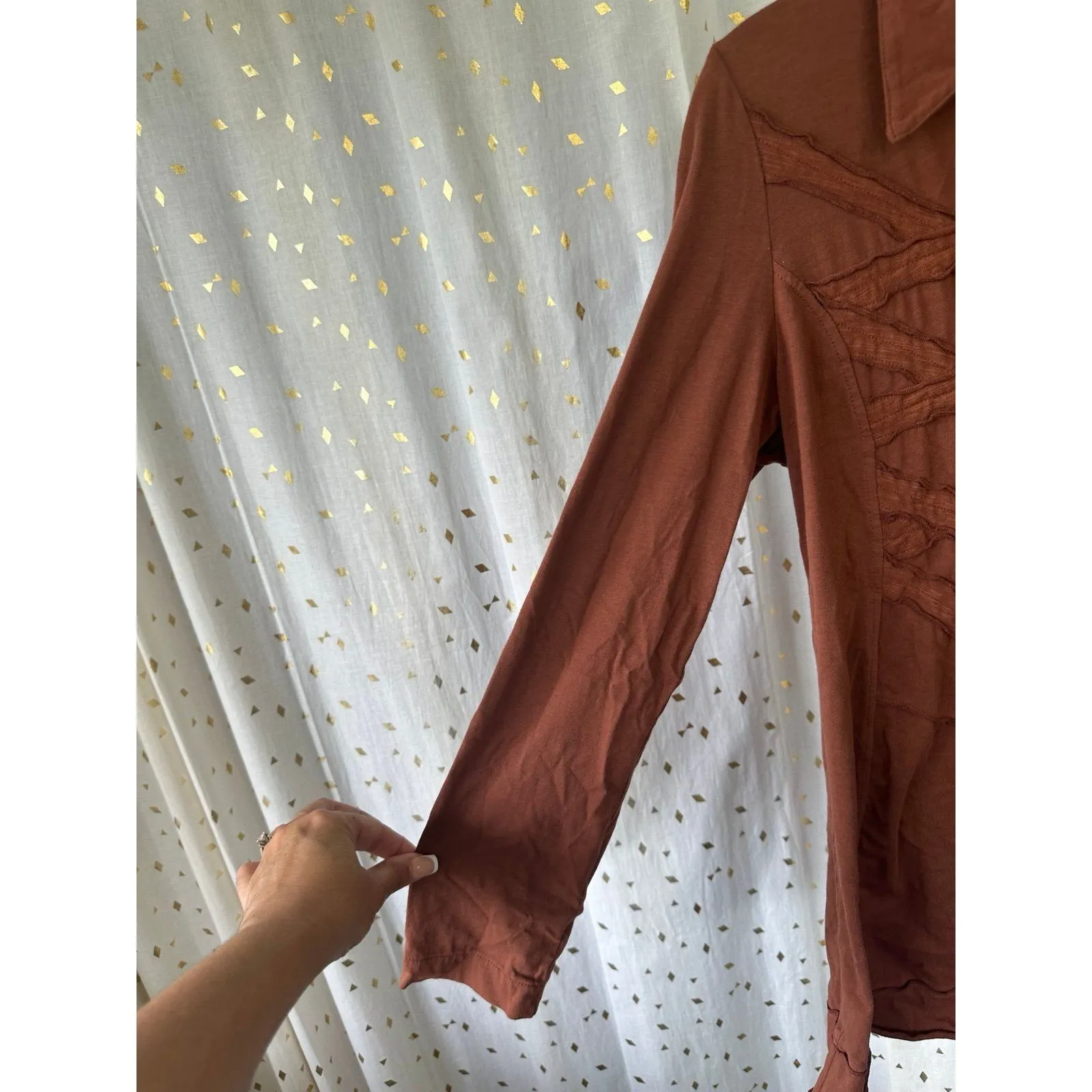 Neon Buddha Brown Ruffle Trim Novelty Media Metal Buttons A Line Tunic Top M Size M - Image 3