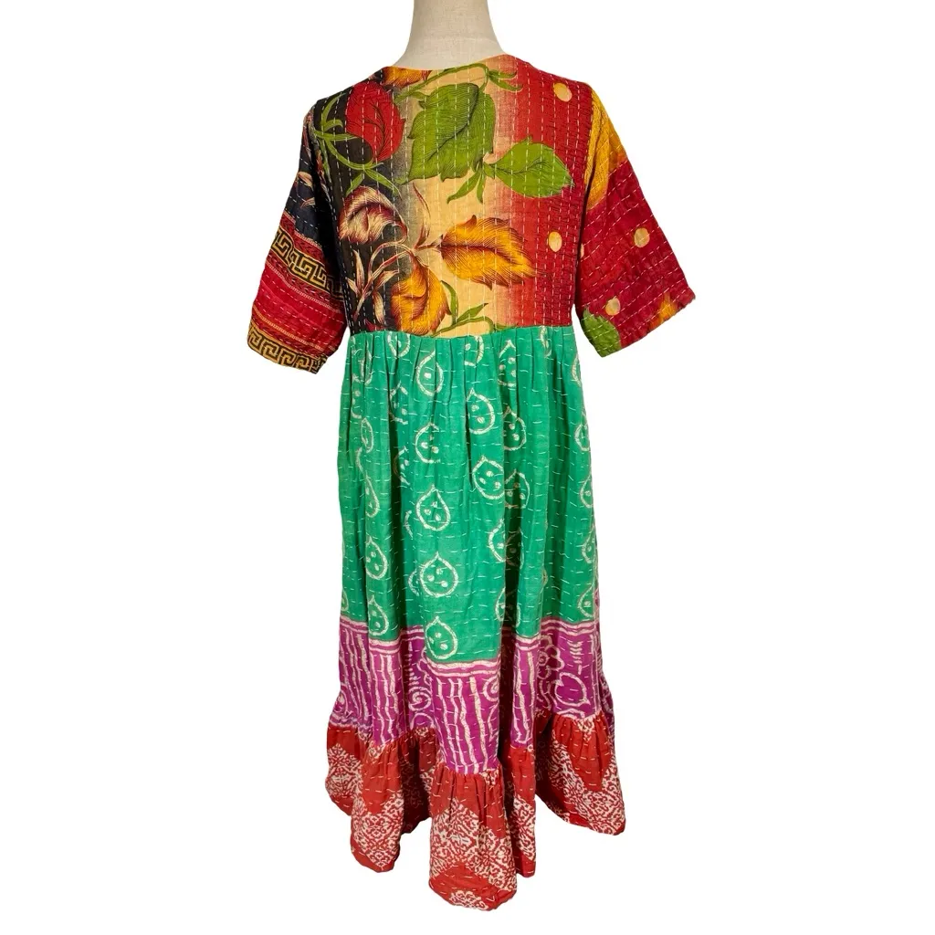 Kantha Floral Patchwork Babydoll Midi Dress by Nania Handmade Boho Red Size undefined - Image 4