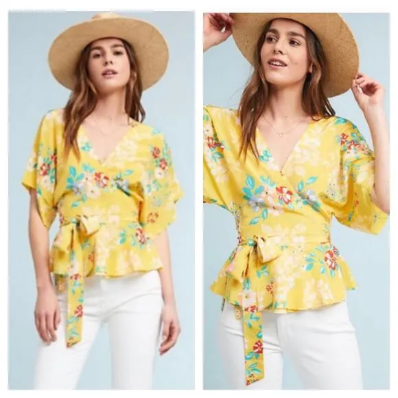 Anthropologie Yumi Kim Yellow 100% Silk Kimono Top XS That's A Wrap Happy Days - Image 2