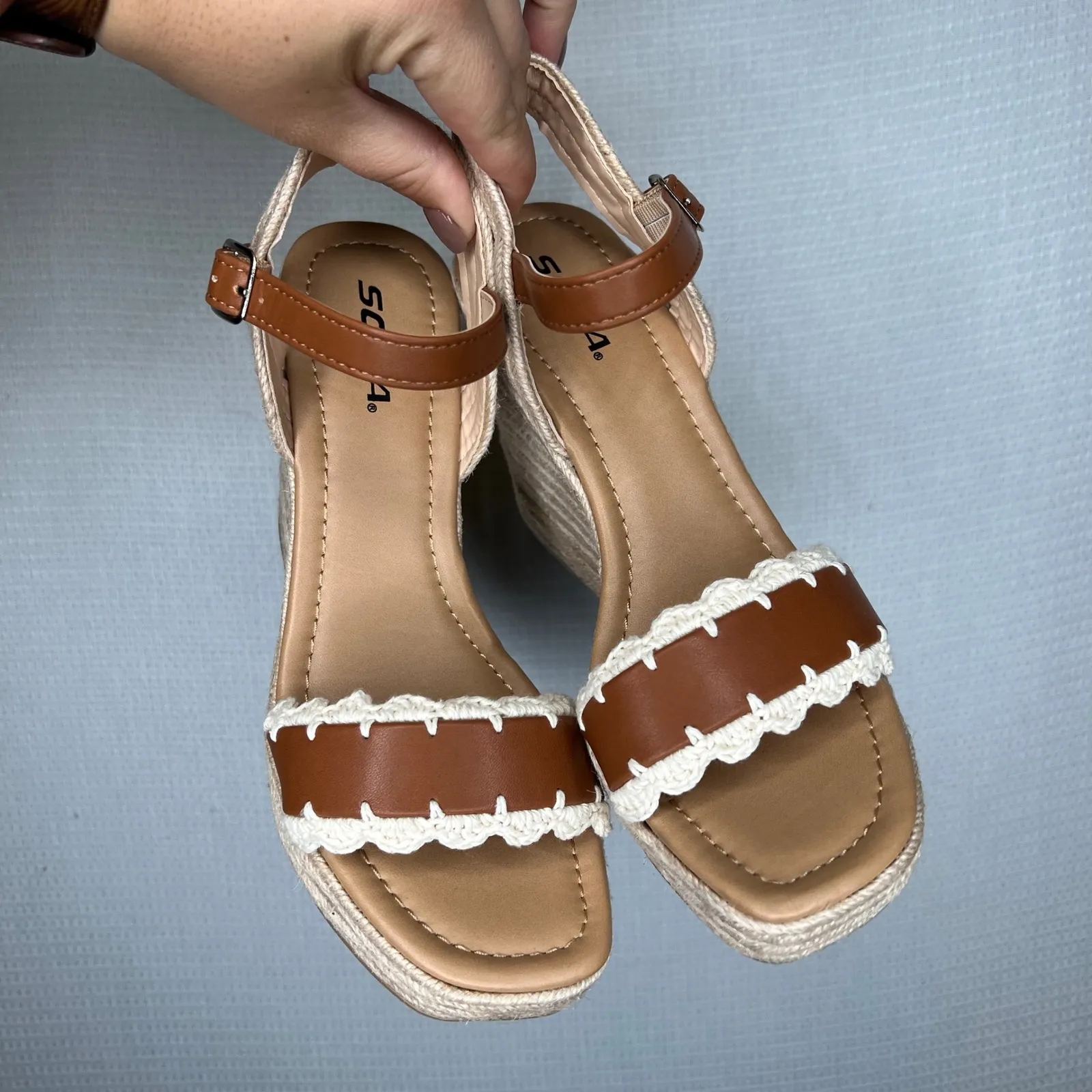 SODA Brown Espadrille Wedge Sandals Ankle Strap‎ Crochet Trim Women's Size 9 - Image 2