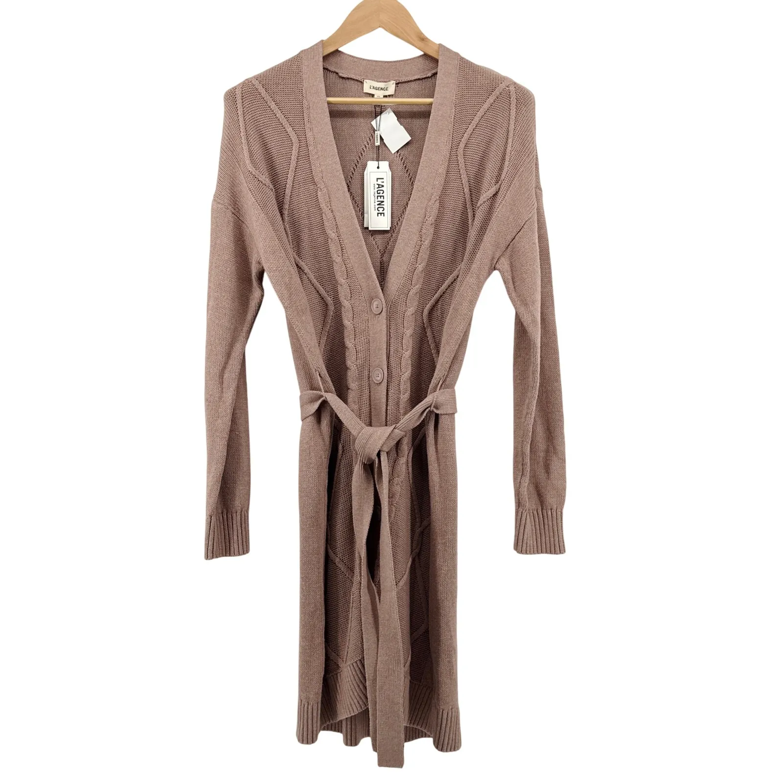 NEW NWT L'AGENCE Harleen Cardigan Medium in Brown Belted Knit Duster Sweater - Image 2