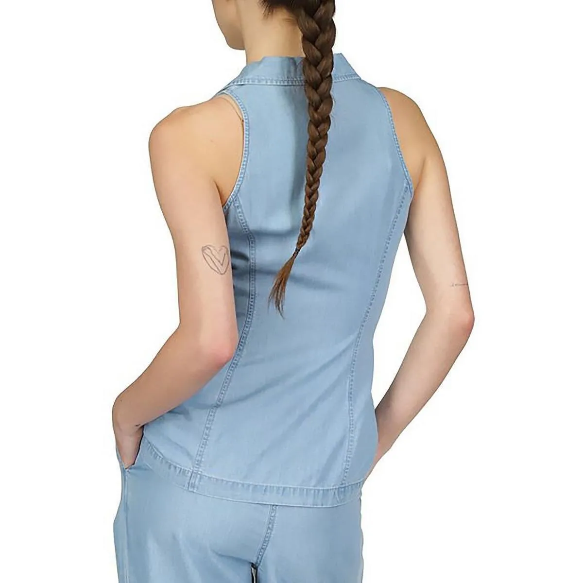 Michael Kors Chambray Sleeveless Top Ruched Button Down Collar Light Blue‎ - Image 2