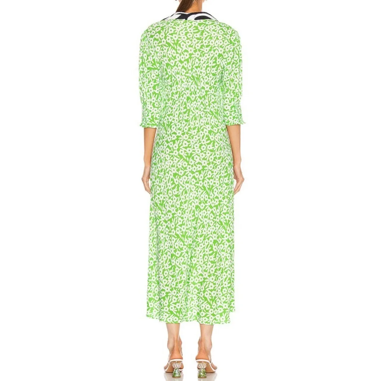 RIXO London Mia Dress Green Retro Micro Floral Swirl Size 2 Shirt Dress - Image 2