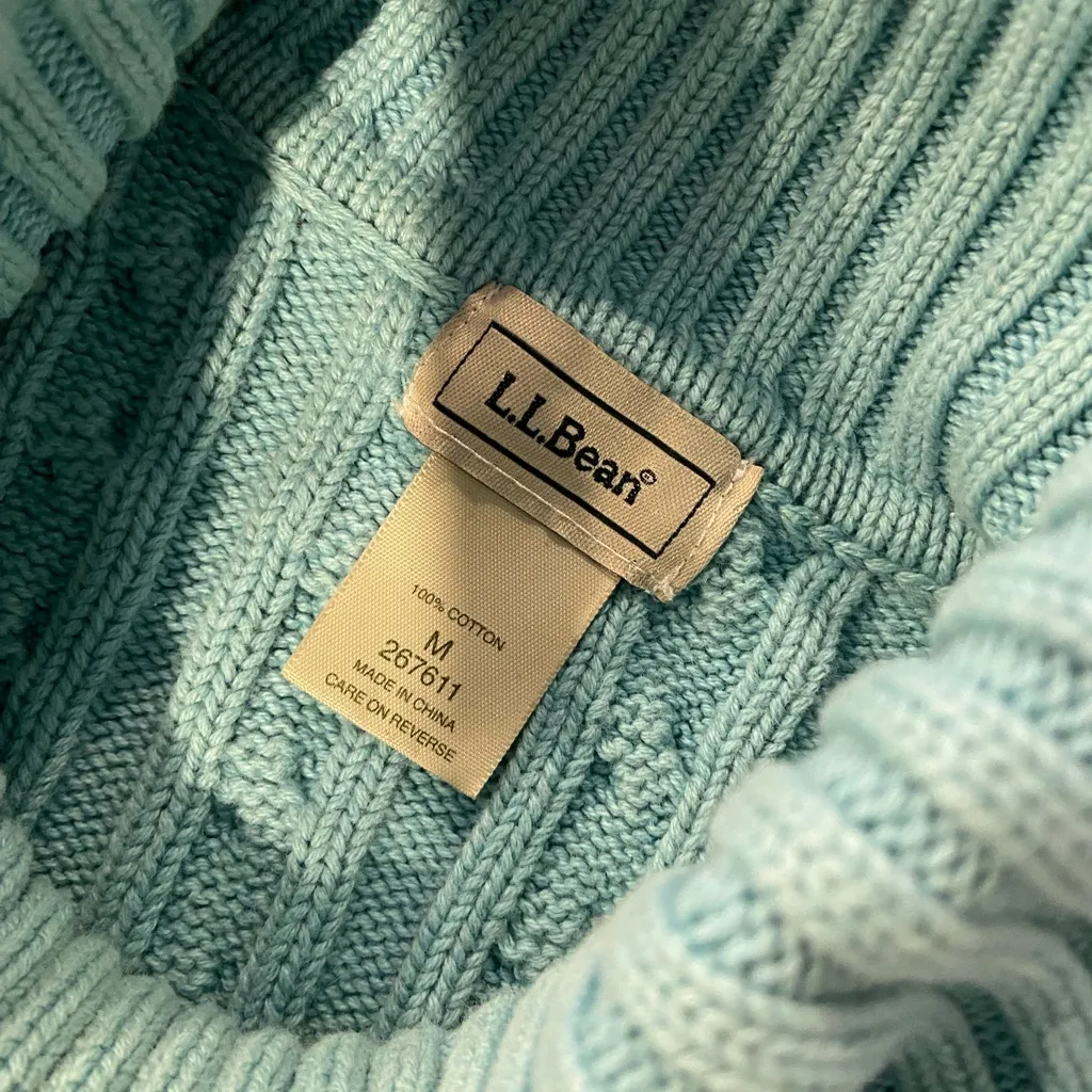 L.L. Bean Size M Light Blue Cotton CableKnit Turtleneck Pullover Sweater Size M - Image 9