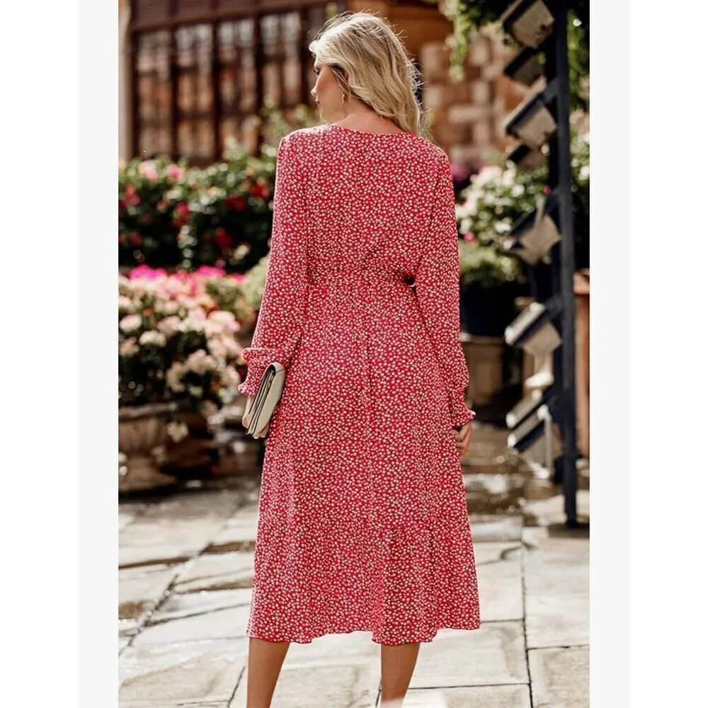 NEW Floral Long Sleeve Wrap V Neck Ruffle Belted A - Image 2