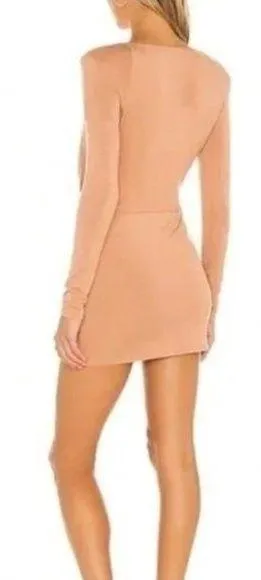NBD Katia Mini Dress Long Sleeve Camel Tan Stretch Low Cut Size Small Women's - Image 2