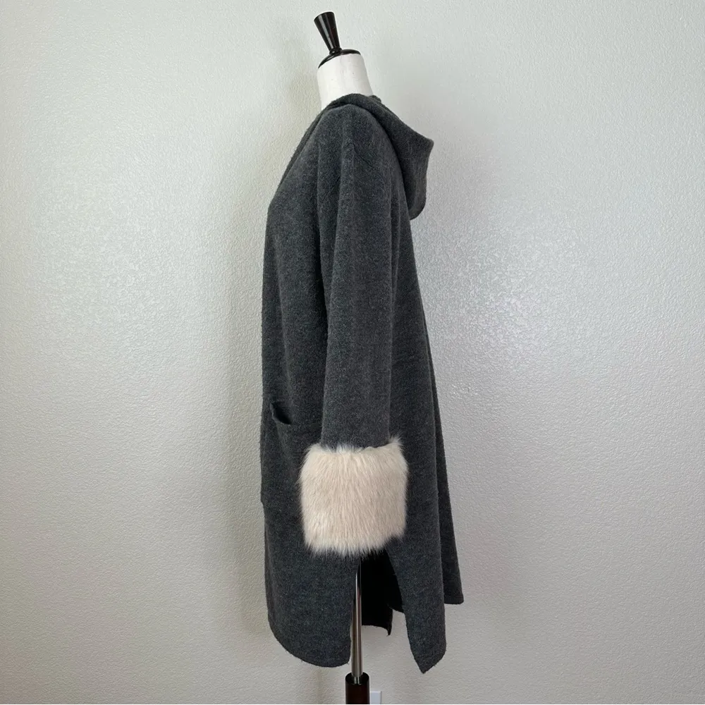 Patrizia Luca Milano Wool Blend Gray Hooded Faux Fur Cuffs Cardigan, Size XL - Image 5