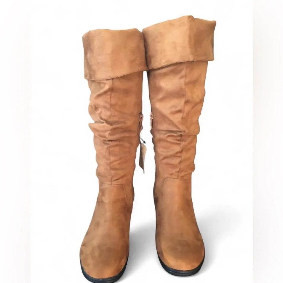 Vepose Women’s Camel Knee High Comfortable Boots Suede Slouch Flat Boots Sz 6. Tan - Image 3