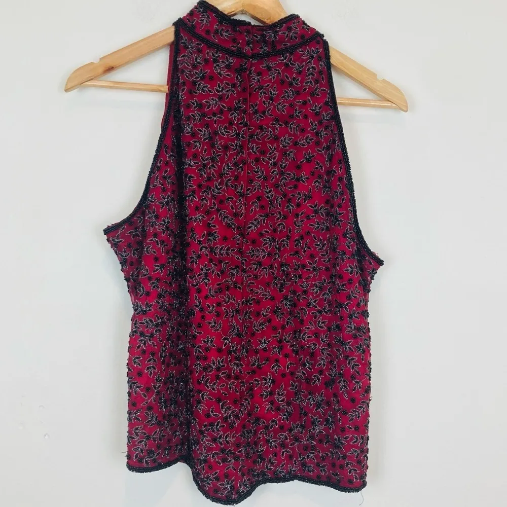 Papell Boutique vintage red silk sleeveless collared beaded evening shirt. XL - Image 4
