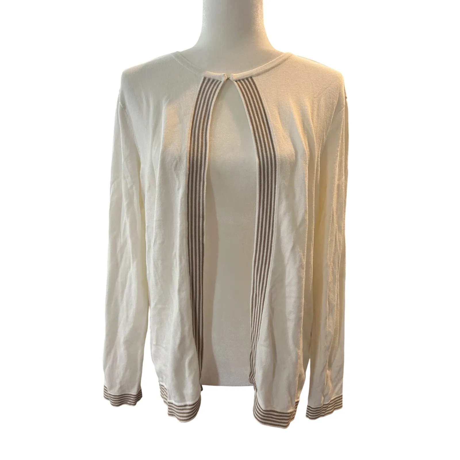Striped Cardigan Sweater Cream Open Front Long Sleeve Knit Top - Image 2