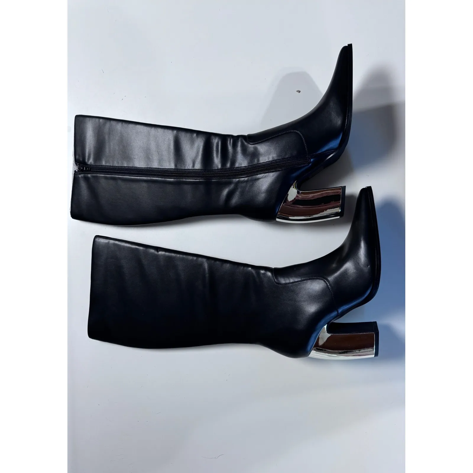 AQUA Black Faux Leather Pointed Toe Knee High Boots Metallic Block Heel 9 - Image 7