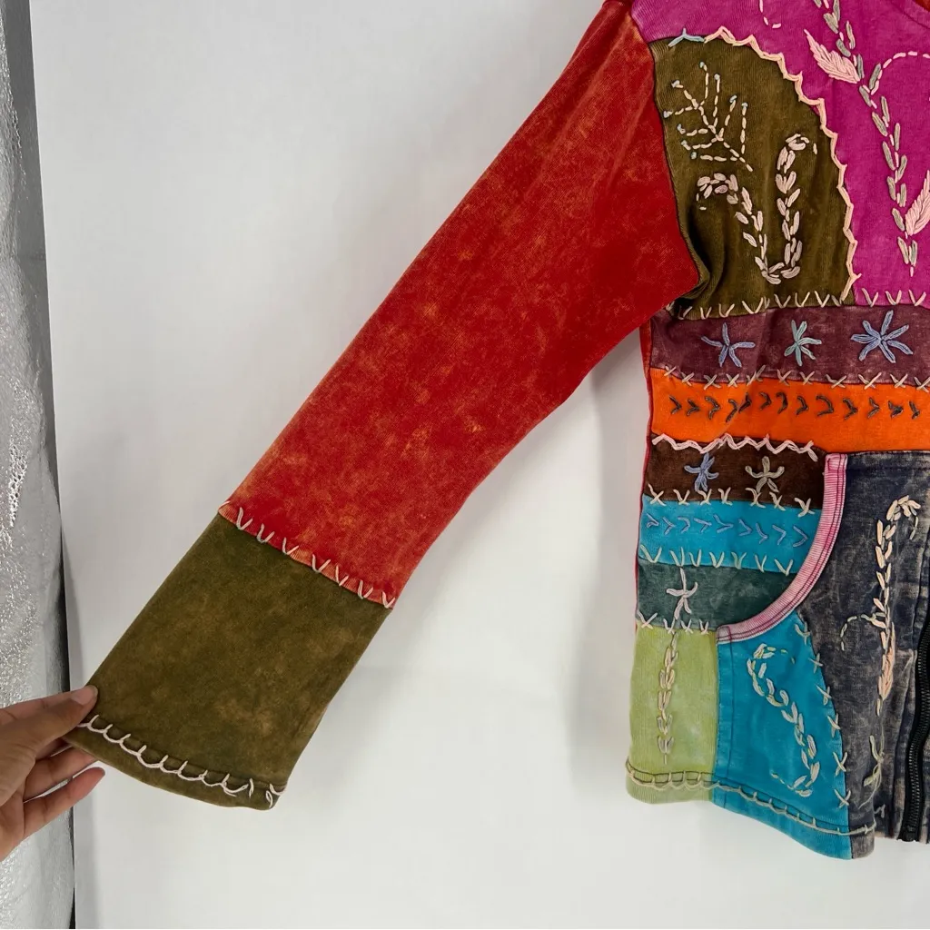 MPC Colorful Patchwork Embroidered Stitching‎ Sip Front Hooded Jacket Artsy Pink - Image 9