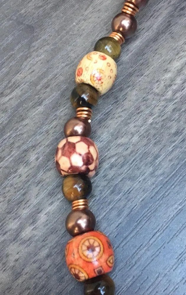 New Hand Crafted Artisan Tiger Eye and Wood Bead Necklace and Earrings Set Brown - Image 8