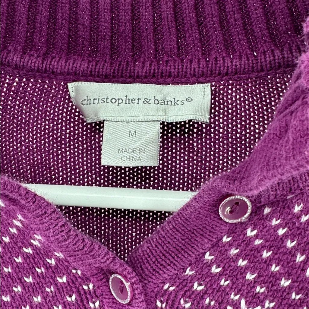 Christopher & Banks Purple 1/4 button Sweater winter snowman embroidered M - Image 8