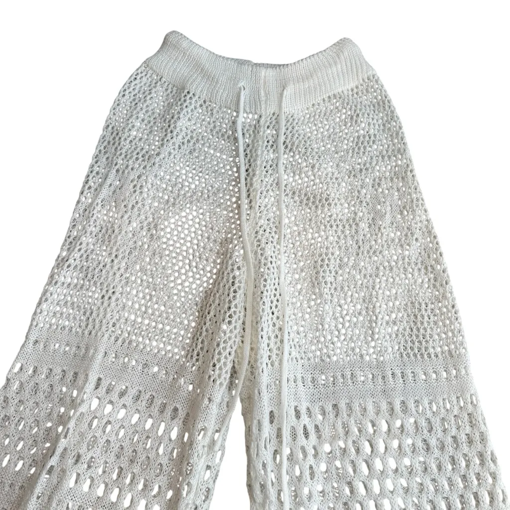 High Waist Crochet Flare Pants‎ White Beach Swim Cover Up Boho Vacation Size M - Image 4