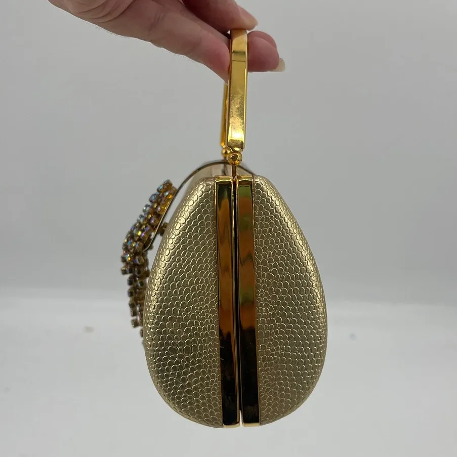 Gold Rhinestone Hard Clutch Purse Top Handle Y2K Formal Metallic Holiday Glam - Image 6