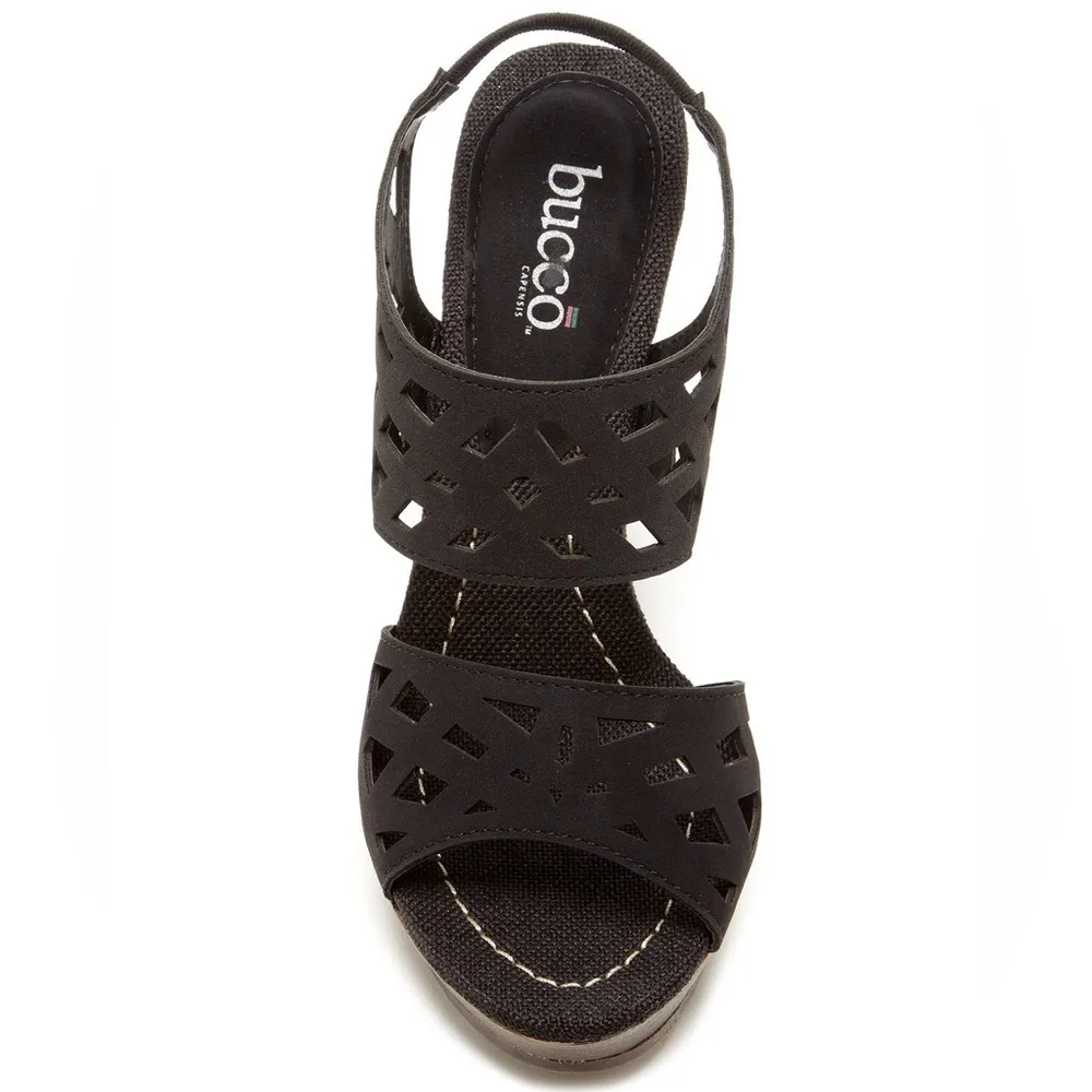 Bucco Serenas Wedge Sandal Black 9 Laser Cut Straw Heel Platform - Image 12
