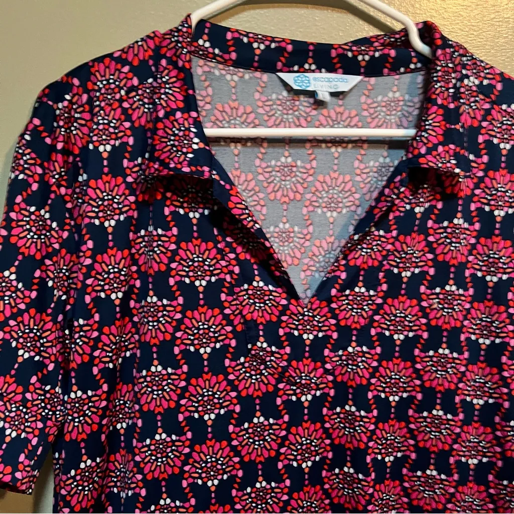 Escapada Living Shift Dress Collared Short Sleeve Navy Floral Split Neck L - Image 7